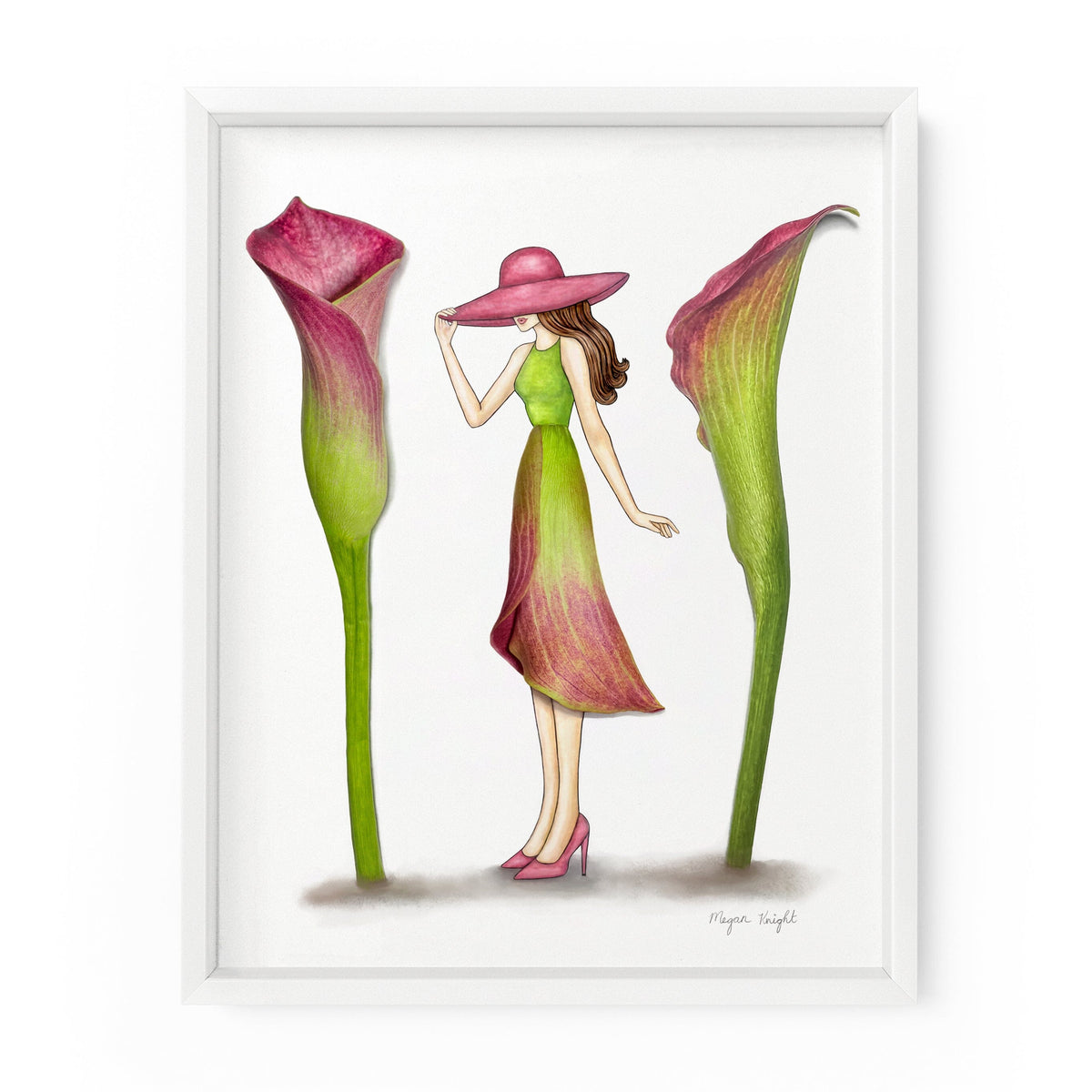Fashion illustration created using real calla lily flowers and watercolors.