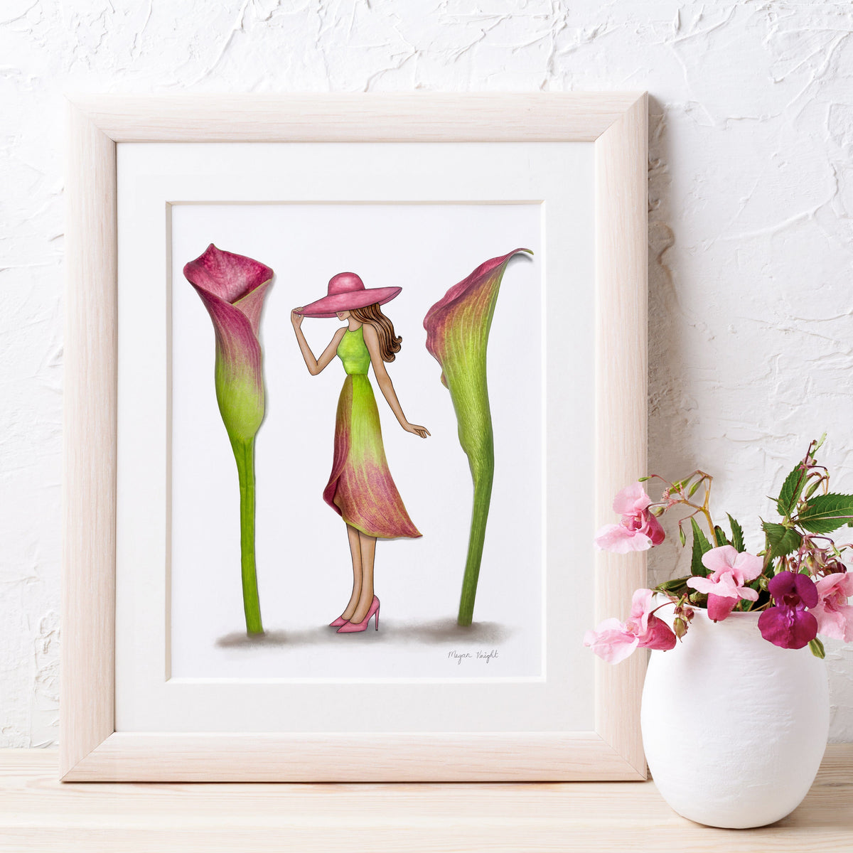 Fashion illustration created using real calla lily flowers and watercolors