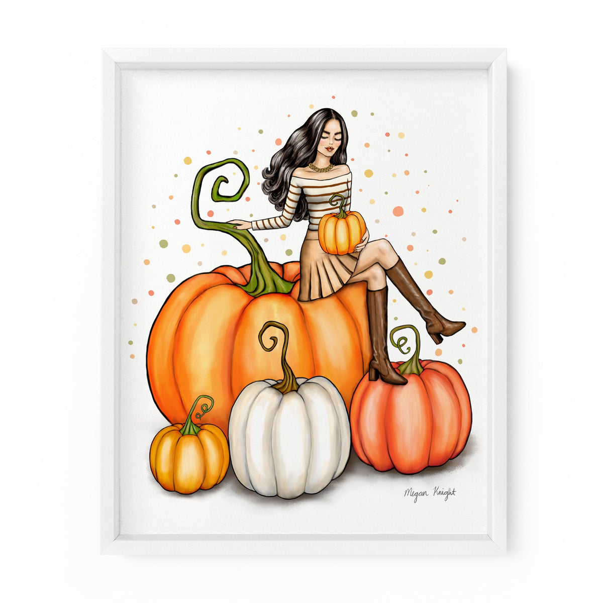 Fashion Illustration of a stylish gal on top of a giant pumpkin in autumn