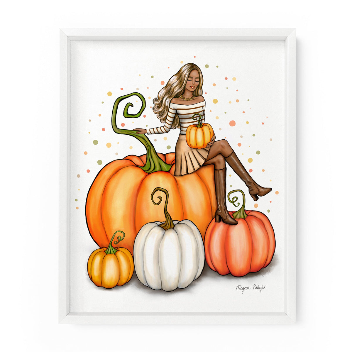 Fashion Illustration of a stylish gal on top of a giant pumpkin in autumn