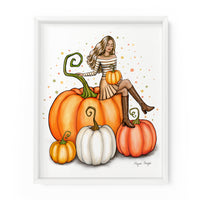 Fashion Illustration of a stylish gal on top of a giant pumpkin in autumn