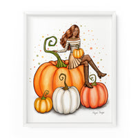 Fashion Illustration of a stylish gal on top of a giant pumpkin in autumn