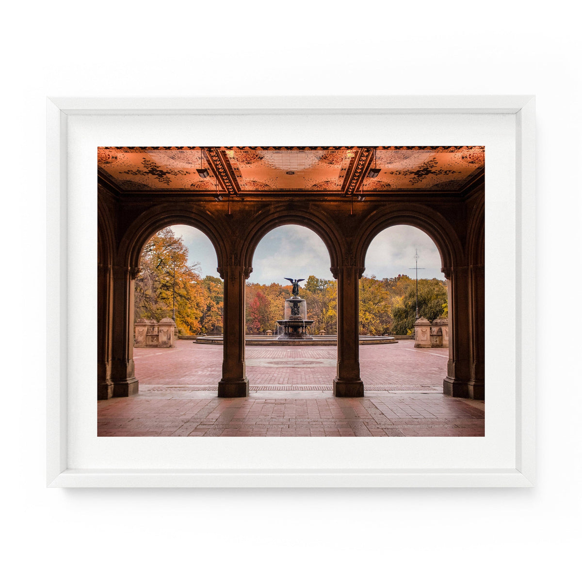 Fall foliage surrounds Bethesda Fountain during autumn in Central Park. NYC Art Photography Print.