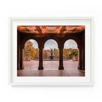 Fall foliage surrounds Bethesda Fountain during autumn in Central Park. NYC Art Photography Print.