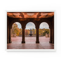 Fall foliage surrounds Bethesda Fountain during autumn in Central Park. NYC Art Photography Print.