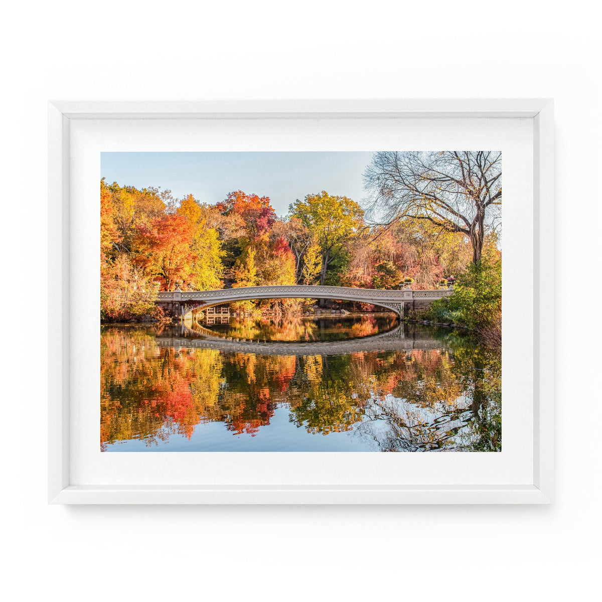 NYC Art Photography Print. Fall foliage surrounds Bow Bridge during autumn in Central Park