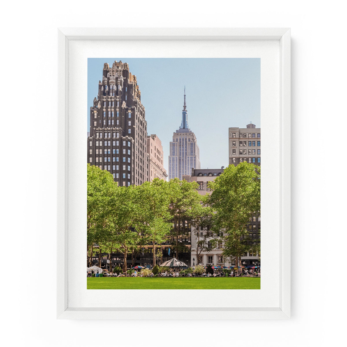 NYC Art Photography Print. Bryant Park in New York City with a view of the Empire State Building.