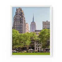 NYC Art Photography Print. Bryant Park in New York City with a view of the Empire State Building.