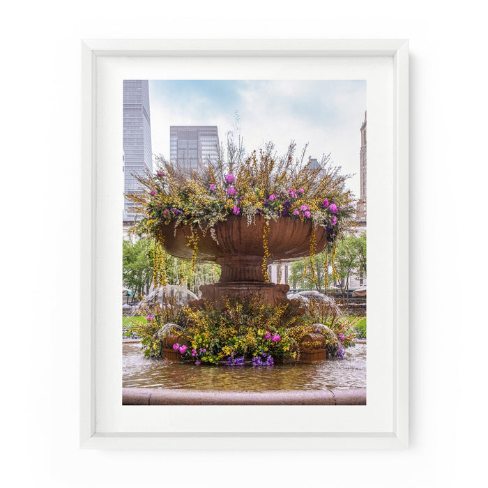 NYC Art Photography Print - Beautiful flowers fill the iconic fountain in Bryant Park
