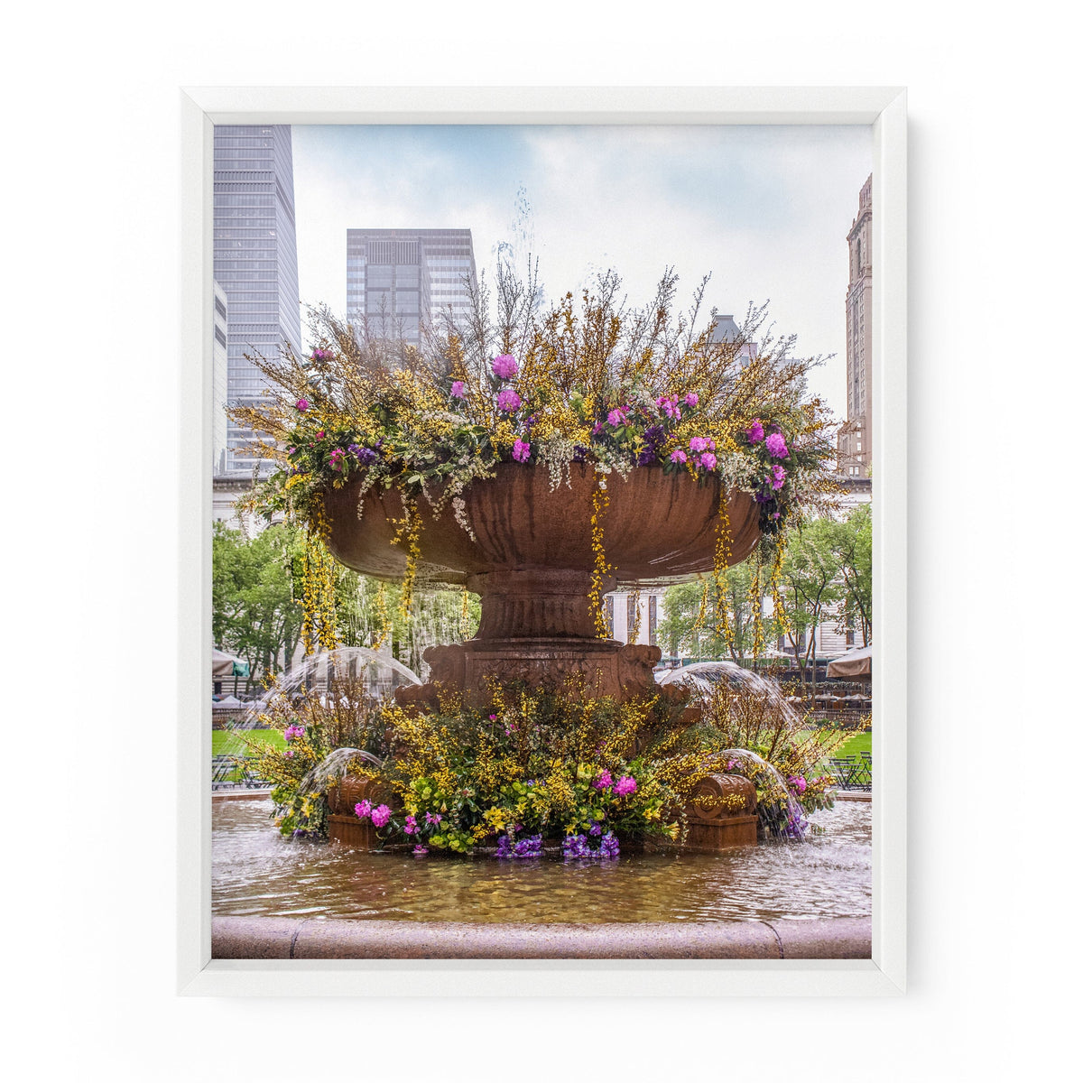 NYC Art Photography Print - Beautiful flowers fill the iconic fountain in Bryant Park
