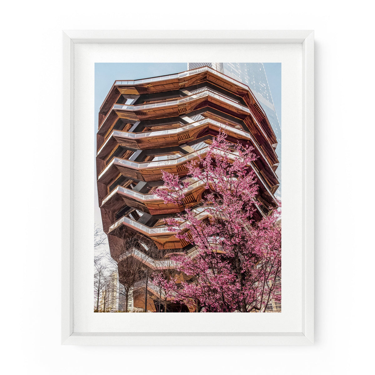 The Vessel in Hudson Yards with a blooming pink cherry tree in the spring. NYC Art Photography Print