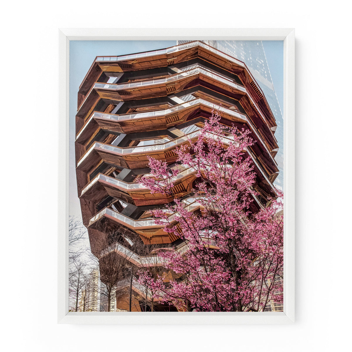 The Vessel in Hudson Yards with a blooming pink cherry tree in the spring. NYC Art Photography Print