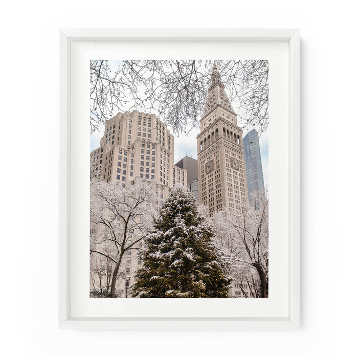 Framed photograph of a snowy cityscape in Madison Square Park in New York City with tall buildings and trees.