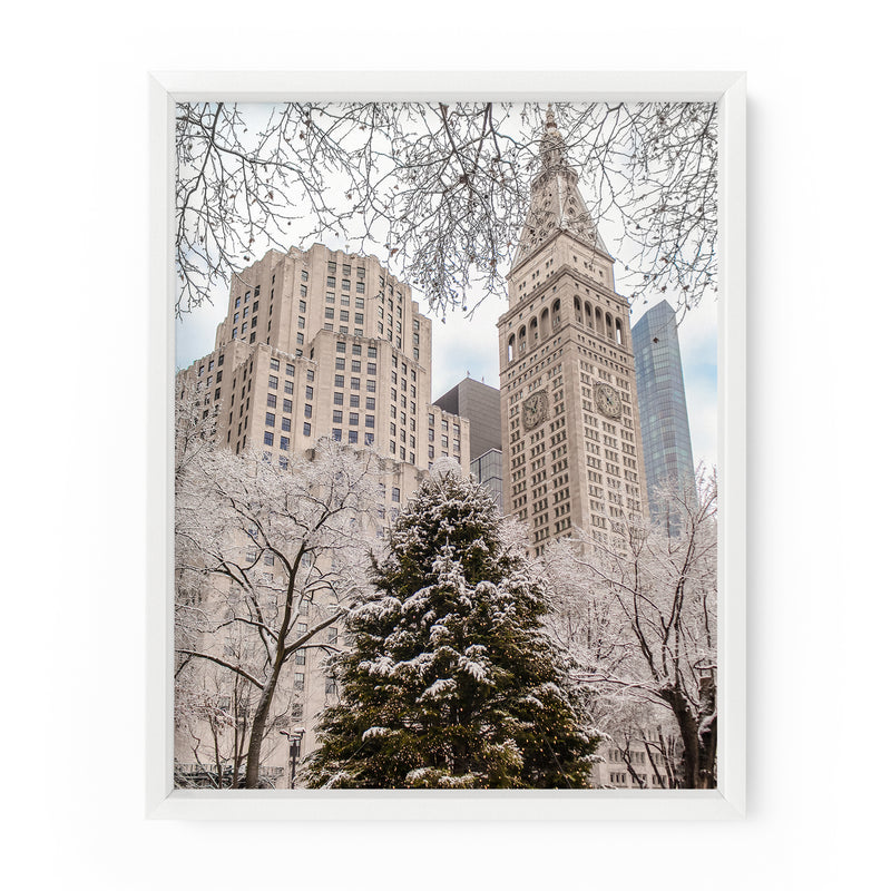 Framed photograph of a snowy cityscape in Madison Square Park in New York City with tall buildings and trees.